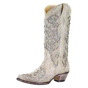 Corral Women's White Glitter Inlay and Crystals Cowgirl Boots Size 10